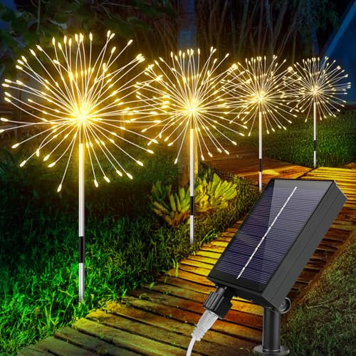 ELEUTH Lampade Solari da Giardino 120 LED, 8 Modalità Fuochi D'artificio IP65 Impermeabile, Luci Esterno per Cortile, Sentiero, Patio - 4 Pezzi