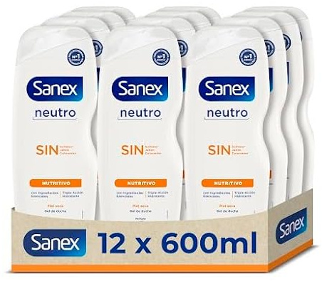 Sanex Gel de Ducha Neutro Nutritivo 600 ml, Pack 12, ingredientes esenciales, 0% sulfatos*, 0% jabón y 0% colorantes, gel de ducha para piel seca, hidratación duradera, tecnología triple acción