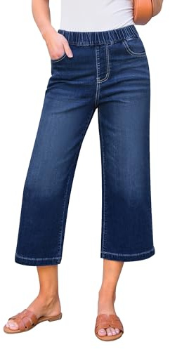 GRAPENT High Waisted Wide Leg Jeans Denim Capris for Women Stretch Women's Pull on Pants Jeans for Spring Stretchy Wide Leg Cropped Pants for Summer Color Darkness Blue Medium Size 8 to 10