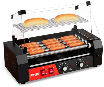 Hot Dog Roller 5 Rollers 12 Hot Dogs Capacity, 750W Stainless Steel Hot Dog Roller Machine with Dual Temp Control,Removable Drip Tray for Party Home Commercial (5 Rollers)