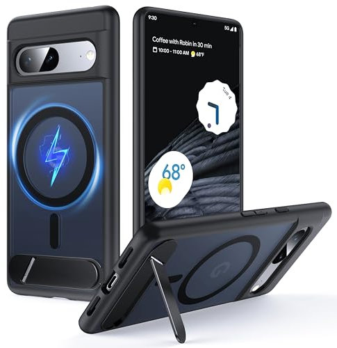 FNDMIL für Google Pixel 7 Pro Hülle mit MagSafe [Klapp Ständer] [Laden Beim Stehen] [Militärisch Stoßfest] Durchscheinender Matt Silikon Bumper Handyhülle für Google 7 Pro Case Slim,Schwarz