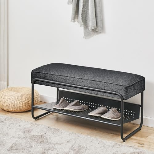[en.casa] Banc à Chaussures Meuble d'Entrée avec Assise Rembourré et Étagère Range-Chaussures pour 3 Paires Espace de Rangement Design Métal Polyuréthane Polyester 90 x 37 x 42 cm Noir