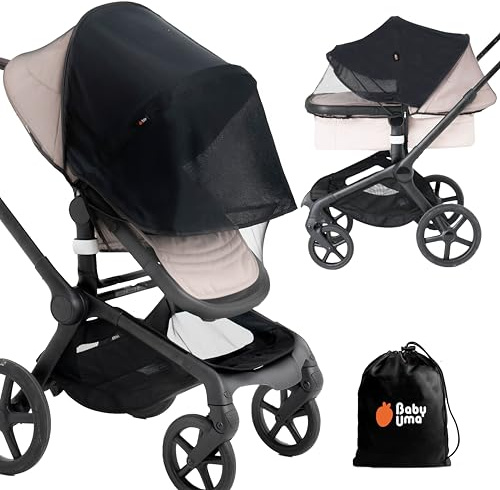 Baby Uma 2-i-1 barnvagnsolskydd och myggnät för barnvagn – UPF 50+ baby solskydd, andningsbart mörkläggningsnät baby myggnät (+ reseväska)