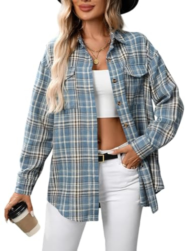 Générique Chemise Blanche Manche Courte Femme Chemise À Carreaux Femme Western Décontractée Chemises Manches Longues Classique Blouses Boutonnées Tyle Décontracté Plaid Shacket Turquoise M