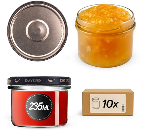 KADAX konserveringsburkar 235 ml med skruvlock fi82 mm, små syltburkar med lock, skruvburkar för sylt och honung, fallburkar, glasburkar (svart/guld, 10 stycken)