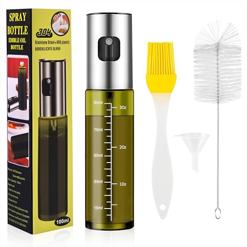 Qzakce Pulverizador Aceite Spray 100ml Botella de Aceite de Vidrio Protección UV Verde Dispensador de Aceitera Antigoteo con Accesorios Para Cocinar, Asar, Ensaladas,Freidora de aire Caliente