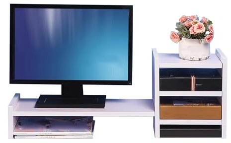 Skrivbordshylla Trä Platssparande Monitorstativ Stor Öppna Fack Kontor Skrivbordshylla Organiserare Stark Bärförmåga för Hemma Arbetsrum, Sovsal(White)