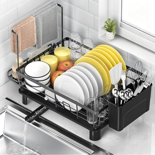 ViviDreamore Scolapiatti, Scaffale per Stoviglie con Scolapiatti, Organizzatore da Cucina per Piatti, Tazze e Strofinacci, Salvaspazio Design con Portaposate, Materiale Antiruggine (XL-più grande)