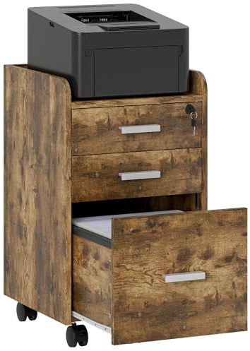 HOMCOM 3 Drawer Filing Cabinet with Lock for Letter, A4 Size Rustic Brown