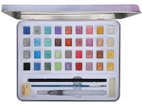 Ensemble de 36 peintures aquarelles de couleur perle, peinture aquarelle en bloc solide avec boîte en fer, fournitures d'art de toner de haute pureté pour artistes, étudiants et