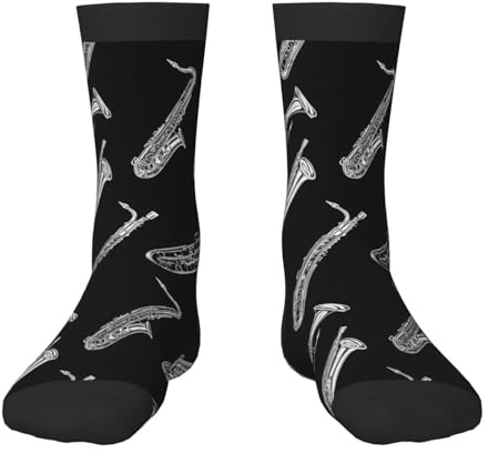Nevjipu Girls Boys Socks - Vintage Saxophone White Print Crew Socks for Kids, Comfy Running Sock for 6-10 Years Old