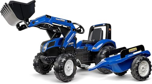 FALK - Tractopelle à pédales New Holland avec remorque - Dès 3 ans - Fabriqué en France - Pelle frontale articulée - Siège ajustable - 3090M, Bleu