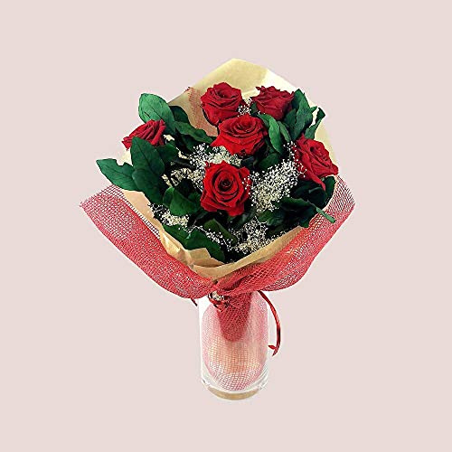 Mundo Eterno | Ramo de 6 Rosas Rojas Preservadas | Flor Eterna Natural | Regalo Romántico sin Mantenimiento | Ideal para San Valentín, Bodas o Decoración | liofilizada