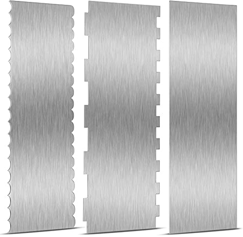 3 Pieces Stainless Steel Cake Scraper 10 Inch and 9 Inch Large Double Sided Patterned Edge Stripe Edge Smoother Scraper Cake Decorating Comb Pastry Cutter for Butter Mousse Cream Decoration