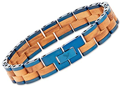 Woodstar (BLUE SPIDER Bracciale da Uomo in Acciaio e Legno, Gioielli Moda Maschile, Braccialetto Regolabile Blu Giallo B20-009