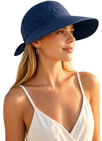 KXF Women's Sun Hat with UV Protection, Foldable Wide Brim Sun Visor with Detachable Top, Topless Sun Hats for Summer Beach Hiking, Adjustable Fit, Navy Blue