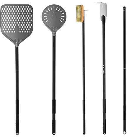 G.a HOMEFAVOR 5-Piece Pizza Tool Set - 12×15 Perforated Aluminum Pizza Peel, 9 Round Turning Peel, Pizza Oven Cleaning Brush, Ash Rake, Pizza Fork, Pizza Oven Accessories, Pizza Kit for Pizza Lover