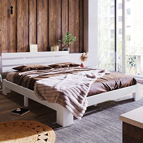 Bett Mit Lattenrost Holzbett Doppelbett Aus Bettgestell Mit Kopfteil Massivholz Massiv Doppelbett Als Kieferbett Verwendbar Weiß 210 L x 144 W x 67.5 H cm