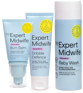 My Expert Midwife Newborn Baby Mega Mild Skincare Essentials Kit with Mega Mild Cleansing Baby Body Wash, Mega Totally Immense Dribble Defence and No Harm Bum Balm Nappy Cream (Pack of 3)