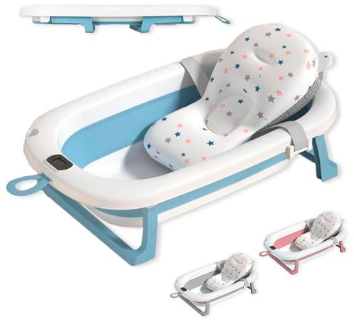 JUPPLIES Bañera Bebé Plegable con Cojín Ergonómico, Termómetro Digital y Patas Antideslizantes | Portátil, Compacta y Segura para Recién Nacido (Azul SIN estructura metálica)
