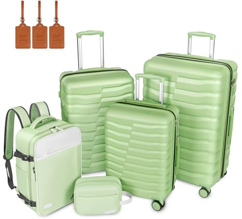 WireHot 5-Piece Lightweight Luggage with Backpack Sets, ABS+PC Hard Shell Suitcase with TSA Lock & YKK Zipper (Avocado Green, 20in/24in/28in/BP/TB)