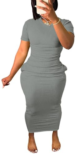 Womens Short Sleeve Dress T Shirt Bodycon Dresses Ribbed V Neck Maxi Sundress Casual Basic Party Club Dress with Pocket-Gray-XXL