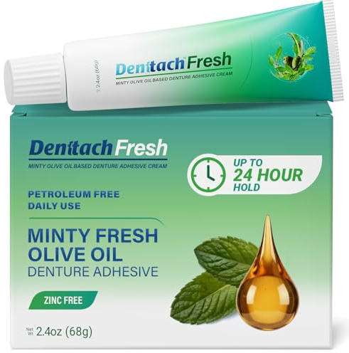 Denttach Fresh Denture Adhesive with Invigorating Mint Flavor, Petroleum Free Olive Oil Based Denture Cream for Full and Partial Dentures, All Day Hold Denture Glue, Zinc Free, 2.4 Ounce