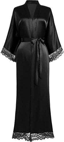 BABEYOND Satin Kimono Robe Silky Long Bridesmaid Wedding Lightweight Bath Robe with Lace Trim