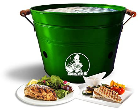 Vikkieerin - Barbecue de table au charbon de bois - Grand barbecue rond - Portable - Compact et léger - Style rétro - Vert - Ø 38 cm