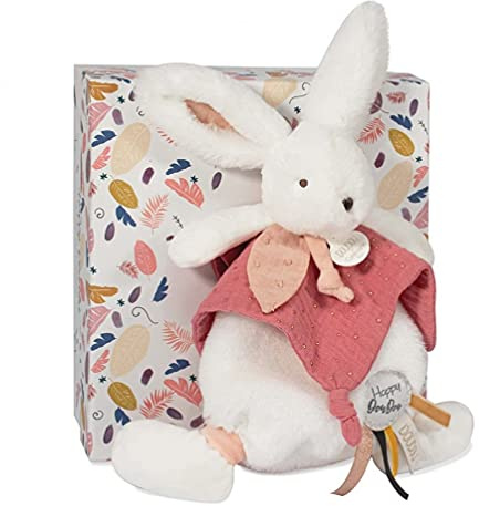 Doudou et Compagnie - Doudou Plat - Lapin Blanc et Rose - Happy Boho - Boite Cadeau - 25 Cm - Idée Cadeau Fille et Garçon - Garantie Doudou Perdu - DC3741