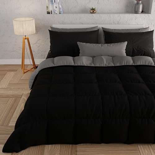 PETTI Artigiani Italiani - Couette Chaude Hiver 260x270 Bicolore NoirGris Foncé, Double Face, Couette pour lit 2 Personnes, en Microfibre 300g/m², Made in Italy