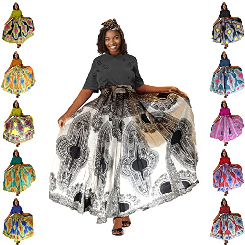 Maxi gonna con cinturino regolabile con stampa a cera tradizionale, gonne lunghe con tasche profonde, motivo a fiore largo multicolore modello tradizionale maxi con sciarpa coordinata per donne e
