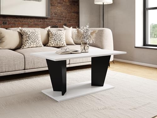 Sellon24® Couchtisch Kaffeetisch 100x60x55 Weiß Schwarz - modern, rechteckig, hoch - Sofatisch Beistelltisch für Wohnzimmer, ABS Kante, Viola II (Weiß Schwarz)