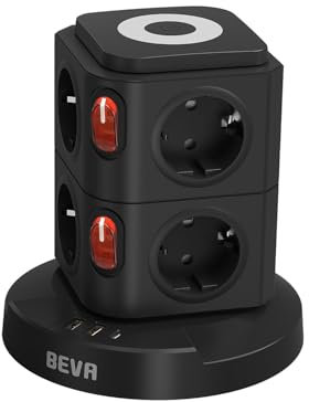 BEVA Regleta Enchufe Vertical, Torre Enchufe con Luz Nocturna y Protección, Enchufe Multiple de 8 Tomas Corrientes y 3 USB (2 USB-A, 1 USB-C), 2500W/10A 2M Cable