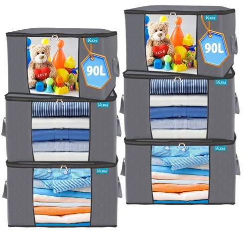 KURNI Storage Bags Clothes 6 Pack Grey, Large Moving Boxes With Top Lid 90L Capacity, 3 Sided Zipper Storage Box. Dust/Mites & Moisture Proof 60 x 43 x 35cm
