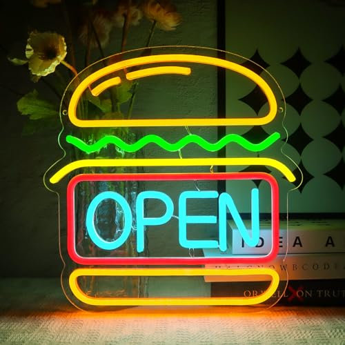 OYCGZV Neon Open Schild Led Hamburger Neon Schild Wand Burger Open Neon Sign Öffnen Led Schild für Hamburger Laden Burgerladen Fast Food Laden Business Küche Bar Restaurant Shop Club Store Hotel