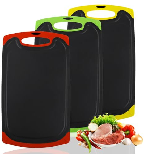 NVIYAM Schneidebrett Groß Set 3 Stück,Schneidebrett Kunststoff mit Saftrillen und Rutschfeste Griffe,Schneidbrett Antibakteriell für Küche Obst/Gemüse/Fleisch,Spülmaschinenfestem Küchenbrett