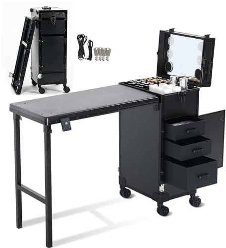 EBANKU Table Manucure Professionnelle à roulettes 360°, Table à Ongles Portable, Pliable, De Voyage, pour CosméTiques, avec Tiroirs, Miroir, Lecteur Bluetooth, Noir
