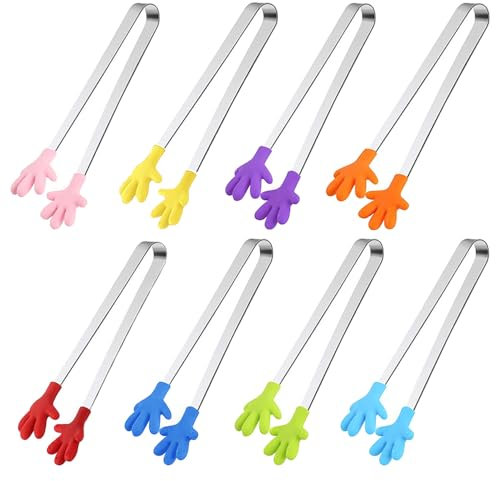 TRKETK 8 Pezzi Mini Pinze Alimenti Forma Mano, Pinze per Zucchero in Acciaio Inox Silicone Antiscivolo Pinze Forma Mano Pinze per Cubetti di Ghiaccio Pinza Cucina per Cucinare Barbecue Buffet Dolci