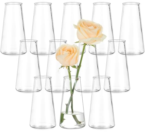 Hewory Glass Bud Vases for Centerpieces: Small Clear Modern Flower Vase Set of 12, Minimalist Cute Mini Decorative Bulk Vases for Wedding Birthday Bridal Shower Party Events Dining Room Table Decor