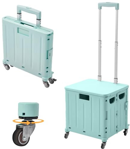 Einkaufstrolley Klappbar, Einkaufskorb mit Deckel 45L Kapazität, Alu Teleskopgriff, Faltbarer Shopping Trolley Einkaufswagen, Einkaufskorb Kunststoff mit stabile Rädern, Draußen Transport Trolley Grün