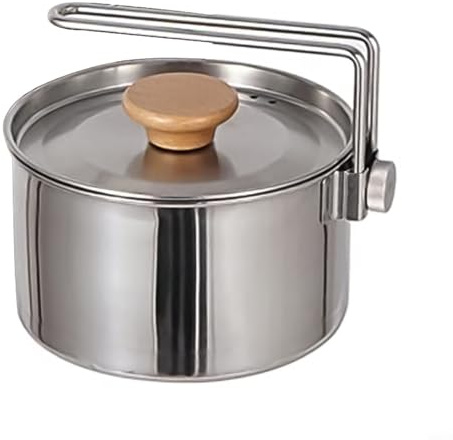 Sileduove Bouilloire de camping portable de 1 L en acier inoxydable pour randonnée, pique-nique, voyage, équipement de cuisine polyvalent avec large poignée et couvercle en bois de hêtre