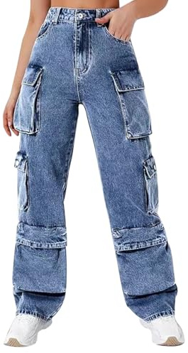 M&Catree Vaqueros Cargo para Mujer Y2K Jeans Baggy Streetwear Pantalones Cargo Multibolsillos de Cintura Alta y Pierna Ancha - Azul, L