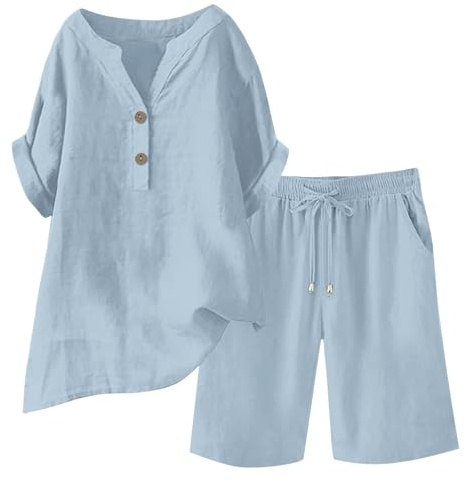 Keepink Summer Co Ord Sets for Women Cotton Linen Set 2 Piece Outfits Short Sleeve Button Down Henley Top and Wide Leg Shorts Set Oversized Tracksuits Elegant Travel Loungewear