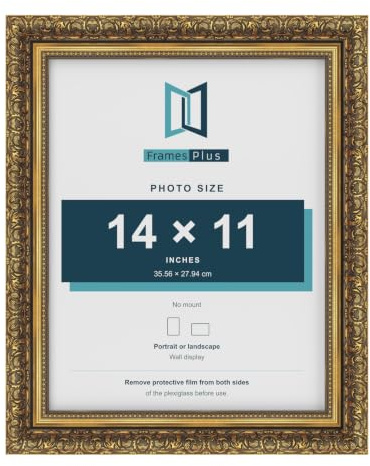FramesPlus 14x11 Inch Picture Frame, Antique Gold, Ornate Baroque Frame | Ornate antique gold frame for 14x11 inch photos (35.6 x 27.9 cm), ready to hang, portrait or landscape