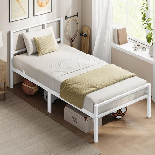 VASAGLE Cadre de Lit 90 x 190 cm avec Sommier, Tête de Lit, en Métal, Supporte Jusqu'à 250 kg, Montage Facile, pour Chambre, Blanc Mat RMB291W101