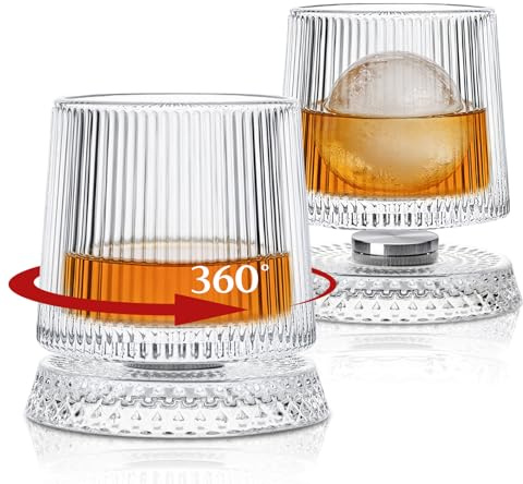 INSETLAN Set di 2 bicchieri da whisky a forma di trotola, 300 ml, rotanti, in cristallo, per scotch, bourbon e cocktail, regalo speciale per uomini (coste)