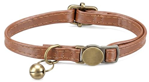 1 collier pour chat - En cuir - Avec fermeture de sécurité - Avec clochette - Marron - Doux - Pour chats, chatons, chiots (marron, 19-30 cm)