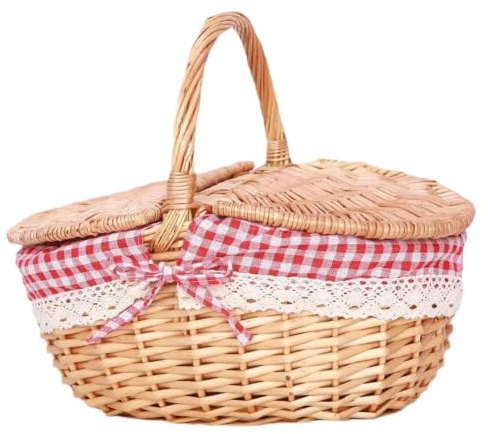 Handgjord flätade picknickkorg | Med handtag, picknickkorg, multifunktionell förvaringsbox i willow-tyg