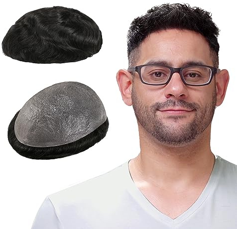 Lordhair Toupee for Men with 100% European human hair 8x10 inch Hairpiece for Men 0.03mm Ultra Thin Skin Hairsystem All V-looped Mens Toupee (Off Black 1B)